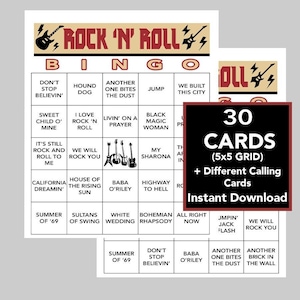 Rock 'n' Roll, Rock 'n' Roll Bingo, Juegos de música, Rock 'n' Roll Party, Descarga digital instantánea, 30 tarjetas de bingo, Lista de reproducción de Spotify incluida