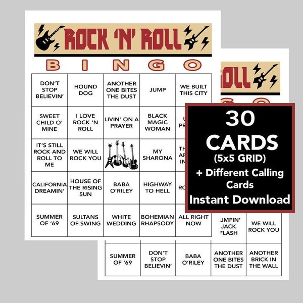 Rock 'n' Roll, Rock 'n' Roll Bingo, Music Games, Rock 'n' Roll Party, Instant Digital Download, 30 Bingo cards, Spotify Playlist Included