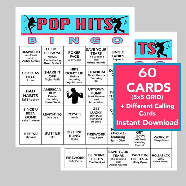 POP Music Hits, POP Music Party, Digital Download, Bingo Spiele, Druckbare Spiele, Virtuelle Spiele, 60 verschiedene Bingokarten, Steampunk Playlist