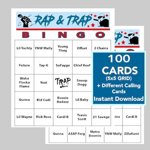 Música rap, música trap, bingo de rap y trap, juegos de música, música rap y trap, descarga digital, 100 cartones de bingo, lista de reproducción de Spotify incluida