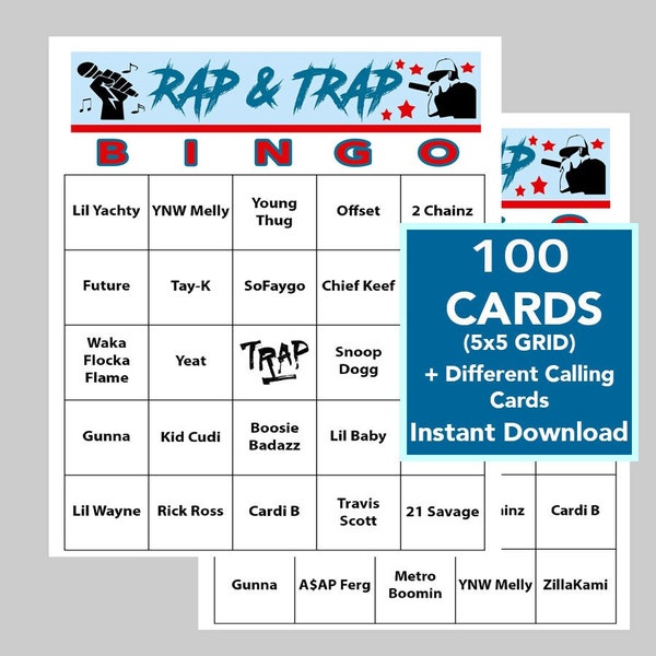 Musica rap, musica trap, bingo rap e trap, giochi musicali, musica rap e trap, download digitale, 100 cartelle bingo, playlist Spotify inclusa