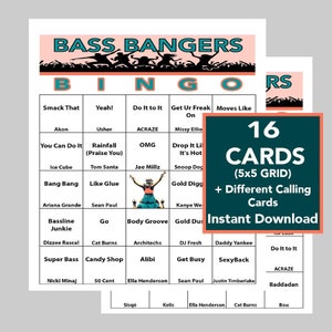 May include: A printable bingo card with a pink and black design. The card features a 5x5 grid with squares filled with popular hip hop songs and artists. The card is titled "Bass Bangers Bingo". The text "16 Cards (5x5 Grid) + Different Calling Cards Instant Download" is in a green box on the right side of the image.