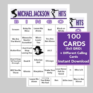 Michael Jackson, Music Hits, Music Party, Michael Jackson Music, Descarga digital, Juegos de bingo, Lista de reproducción de Spotify incluida, 100 cartones de bingo