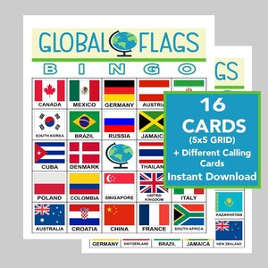 May include: A printable bingo card game featuring flags from around the world. The card has a 5x5 grid with a free space in the center. The card includes flags from countries such as Canada, Mexico, Germany, Austria, South Korea, Brazil, Russia, Jamaica, Cuba, Denmark, Thailand, Poland, Colombia, Singapore, United Kingdom, Italy, Australia, Croatia, China, France, South Africa, Kazakhstan, Germany, Switzerland, Brazil, Jamaica, and New Zealand. The card also includes the text "GLOBAL FLAGS BINGO" at the top and "16 CARDS (5x5 GRID) + Different Calling Cards Instant Download" at the bottom.