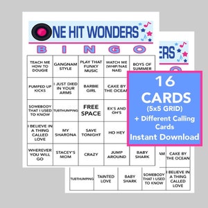 Inclusief One Hit Wonder Music, One Hit Wonder Songs, 16 unieke bingokaarten, Instant Download, Bingo Games, Bellijst en Spotify-afspeellijst
