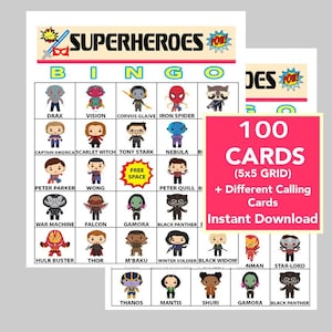 Superhéroe, juego de bingo de superhéroes, bingo para niños, bingo para fiestas, juegos de superhéroes, descarga instantánea, imprimible, 100 tarjetas diferentes