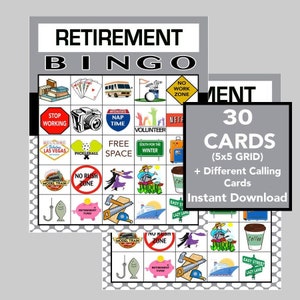 Retraite, Bingo pour la fête de la retraite, Jeux de retraite, Téléchargement numérique instantané, Jeux à imprimer, 30 cartes différentes, Télécartes