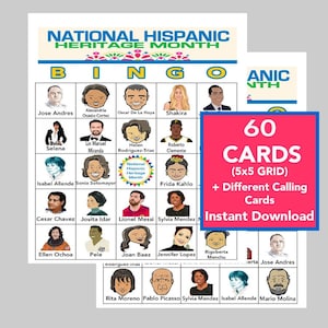 May include: A colorful bingo card with images of famous Hispanic people, including Jose Andres, Shakira, Selena, Frida Kahlo, and more. The card is part of a set of 60 cards, with a 5x5 grid and different calling cards. The text on the card reads "National Hispanic Heritage Month" and "60 Cards (5x5 Grid) + Different Calling Cards Instant Download".