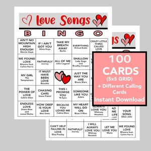 Canciones de amor, Bingo de canciones de amor, Día de San Valentín, Fiesta musical, Descarga digital, Juegos de bingo, Juegos imprimibles, 100 tarjetas de bingo, Lista de reproducción de Spotify