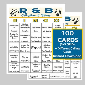 Éxitos musicales de R&B, fiesta de rhythm and blues, descarga digital, juegos de bingo, juegos imprimibles, 100 tarjetas de bingo únicas, lista de reproducción de Spotify incluida