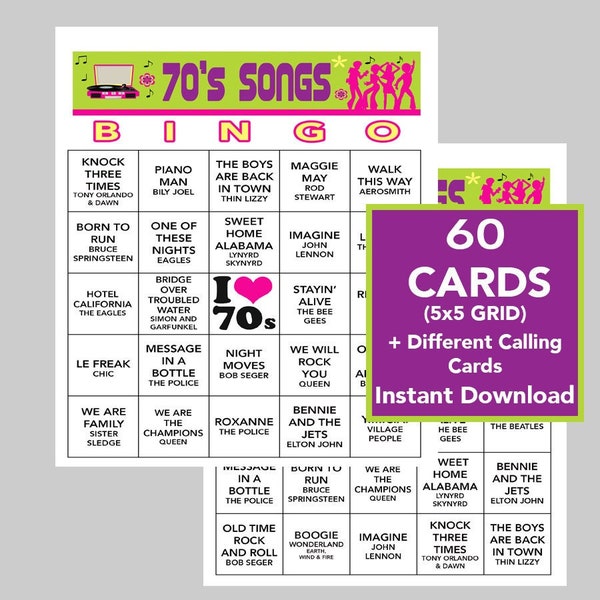 70's Music Hits, 70's Party, 70's Birthday, Instant Digital Download, Bingo Games, Printable Games, 60 Different Bingo cards, Spotify Link