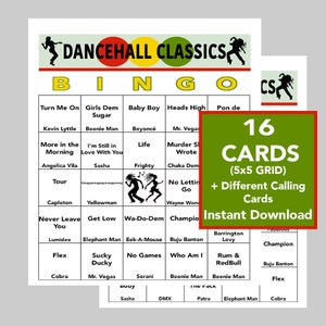 Clásicos de Dancehall, Música Reggae, Bingo musical, Jamaica, Actividad grupal, Descarga digital instantánea, 16 tarjetas únicas, Lista de reproducción de Spotify