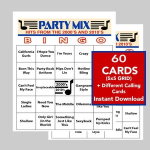 Partymixmuziek, muziekfeest jaren 2000 en 2010, muziekbingo, directe digitale download, Spotify-afspeellijst inbegrepen, 60 unieke bingokaarten