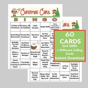 Christmas Carol Music, kerstfeest, kerstbingo, digitale download, bingospellen, afdrukbare spellen, 60 verschillende bingokaarten