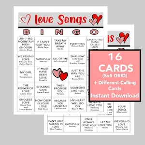 Chansons d'amour, Bingo avec chansons d'amour, Fête de la musique, Téléchargement numérique, Jeux de bingo, Jeux à imprimer, 16 cartes de bingo, liste de lecture Spotify, Saint-Valentin