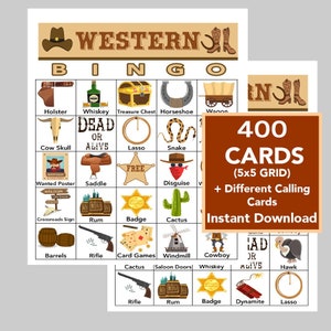 Far West, western, cow-boys, fichiers PDF imprimables bingo 5 x 5, téléchargement numérique, liste d'appels incluse, 400 cartes uniques