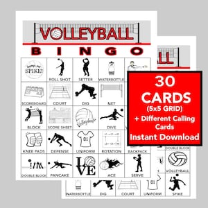 Jeu de bingo-volley-ball, Bingo sportif, Bingo de fête, Jeux de volley-ball, Liste d'appels incluse, Téléchargement instantané, 30 cartes différentes