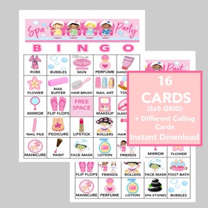 Festa de spa, bingo de spa, bingo de aniversário de pré-adolescentes, jogos de bingo de 6º, 7º, 8º, 9º, 10º aniversário, jogos de spa, 16 cartas diferentes, cartões de visita