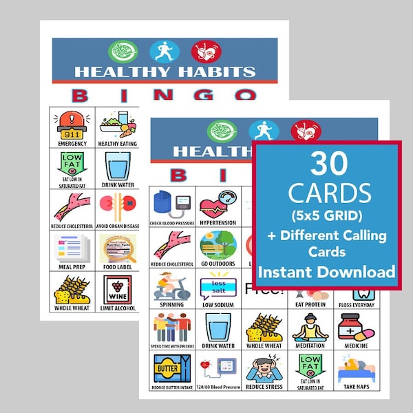 Healthy Habits Bingo, Healthy Games, Instant Digital Download, Bingo Games, Printable Games, 30 Different cards