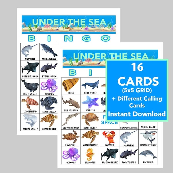 Under the Sea Bingo Game, Summer and Beach Fun, Summer Fun Games for Kids, Instant Download