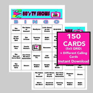 Séries des années 80, succès télé des années 80, téléchargement numérique instantané, jeux de bingo, jeux à imprimer, 150 cartes de bingo, liste d'appels et liste Spotify incluses