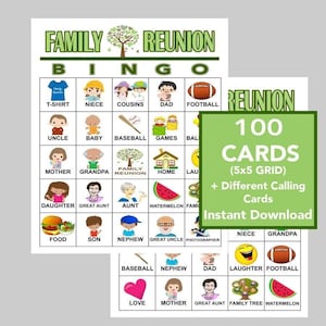 Family Reunion, Family Reunion Party, Family Reunion Bingo, Instant Digital Download, Printable Games,  100 Different cards, Calling Cards