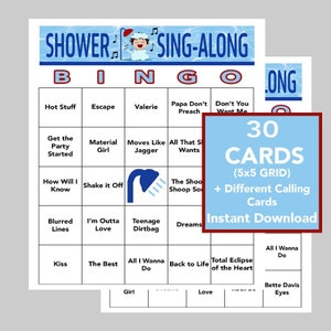 Musik Bingo, Sing-a-long Duschmusik, 70er, 80er, 90er Musikparty, sofortiger digitaler Download, 30 Bingokarten, inklusive Spotboard-Wiedergabeliste
