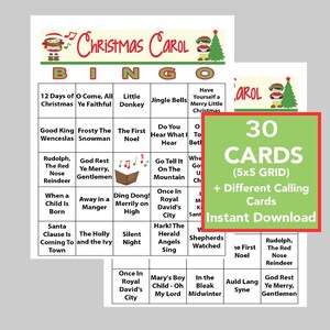 Christmas Carol Music, kerstfeest, kerstbingo, digitale download, bingospellen, afdrukbare spellen, 30 verschillende bingokaarten