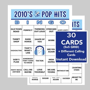 Principales éxitos musicales de 2010, fiesta musical de 2010, bingo musical, descarga digital instantánea, lista de reproducción de Spotify incluida, 30 cartones de bingo únicos