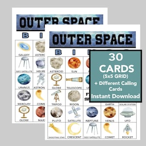 Espacio exterior, Sistema solar, Bingo espacial, Juegos del sistema solar, Universo, Bingo para niños, Descarga digital, Juegos imprimibles, 30 tarjetas diferentes