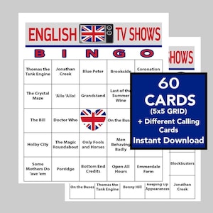 Może przedstawiać: Drukowana karta do gry w bingo z siatką 5x5 p&oacute;l wypełnionych nazwami brytyjskich program&oacute;w telewizyjnych. Karta nosi tytuł "English TV Shows Bingo" i zawiera programy takie jak "Thomas the Tank Engine", "Doctor Who", "Coronation Street", "Emmerdale Farm" i "Keeping Up Appearances".