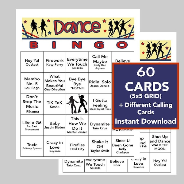 Dance, Dance Music Hits, Dance Party, Dance Bingo, Instant Digital Download, Bingo Games, Printable Games, 60 Different Bingo cards