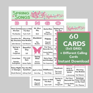 Bingo de canciones de primavera, fiesta de primavera, fiesta en el jardín, juego de primavera para personas mayores, actividad de primavera, 60 cartas únicas