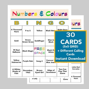Éxitos musicales de números y colores, fiesta musical, bingo singo, descarga digital instantánea, lista de reproducción de Spotify incluida, 30 tarjetas de bingo únicas