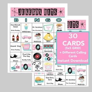 Éxitos musicales de los años 50, Fiesta de los años 50, Jukebox Diner de los años 50, Descarga digital, Juegos de bingo, Juegos imprimibles, 30 cartones de bingo