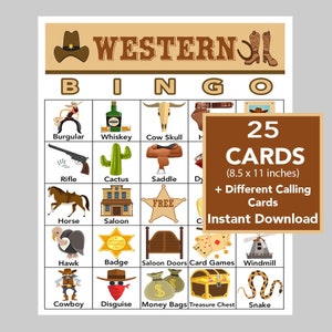 Salvaje Oeste, Western, Bingo, PDF imprimibles, descarga digital, lista de llamadas incluida, diversión para personas mayores, 1 tarjeta por hoja de 8,5" x 11", 25 tarjetas únicas