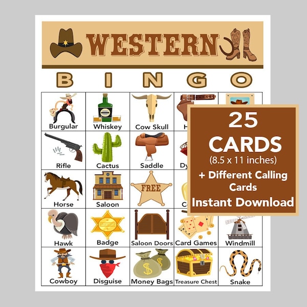 Wild West, Western,  Bingo printable PDFs, digital download, Call List Included, Seniors Fun,  1 card per 8.5" x 11" sheet, 25 Unique Cards