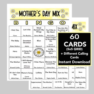 Jeu de bingo pour la fête des mères, bingo de la chanson de la fête des mères, facile à imprimer et à jouer, IMPRIMABLE, jeu de famille, 60 cartes différentes, lien Spotify inclus