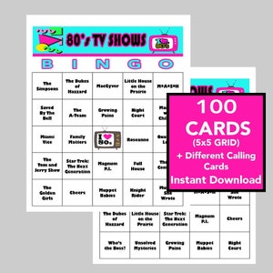 Émissions de télévision des années 80, succès télévisés des années 80, téléchargement numérique instantané, jeux de bingo, jeux à imprimer, 100 cartes de bingo, liste d'appels et liste Spotify incluses
