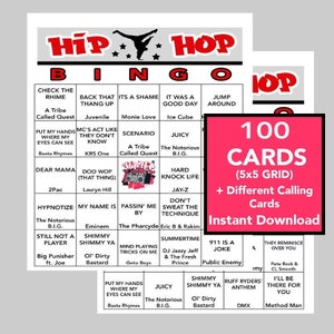 Música hip hop, fiesta de música hip hop, descarga digital instantánea, juegos de bingo, juegos imprimibles, 100 tarjetas de bingo diferentes, lista de reproducción de Spotify
