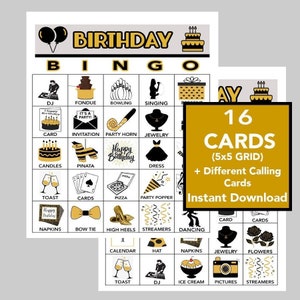 Bingo de cumpleaños, fiesta de cumpleaños, descarga digital, juegos de bingo, juegos imprimibles, 16 cartones de bingo