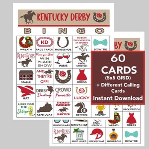 Kentucky Derby Bingo, Kentucky Derby Party, Kentucky Derby Bridal Shower, Run for the Roses, 60 Different Cards