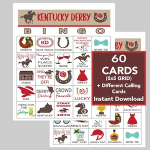 Kentucky Derby Bingo, Kentucky Derby Party, Kentucky Derby Chá de panela, Corrida pelas rosas, 60 cartões diferentes