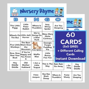 Comptines, Bingo de comptines, Jeu de douche de bébé garçon, Téléchargement numérique, Bingo de douche de bébé, 60 cartes uniques, Liste de lecture Spotify incluse