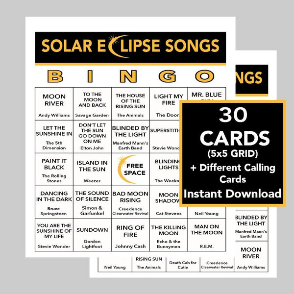 Solar Eclipse, Solar Eclipse Party, Solar Eclipse Game, Music Bingo, Earth Day, Instant Digital Download, Bingo Games, 30 Different Cards