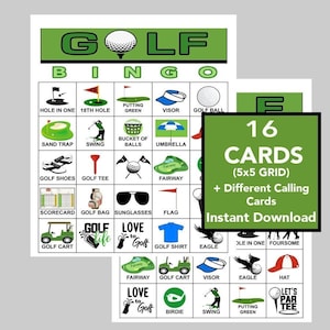 Juego de bingo de golf, oro, juego de golf, bingo deportivo, bingo de fiesta, juegos de golf, juegos divertidos para niños, descarga instantánea, 16 tarjetas diferentes