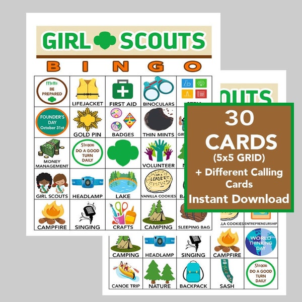 Girl Scout Bingo, Girl Scout Games, Instant Download, PDFs for Easy Printing, Calling Card Included, 30 Different Cards