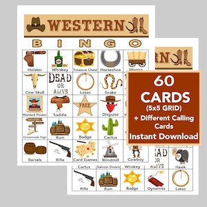 Wild West, Western,  5x5 Bingo printable PDFs, Instant Digital Download, Call List Included, 60 Unique Cards