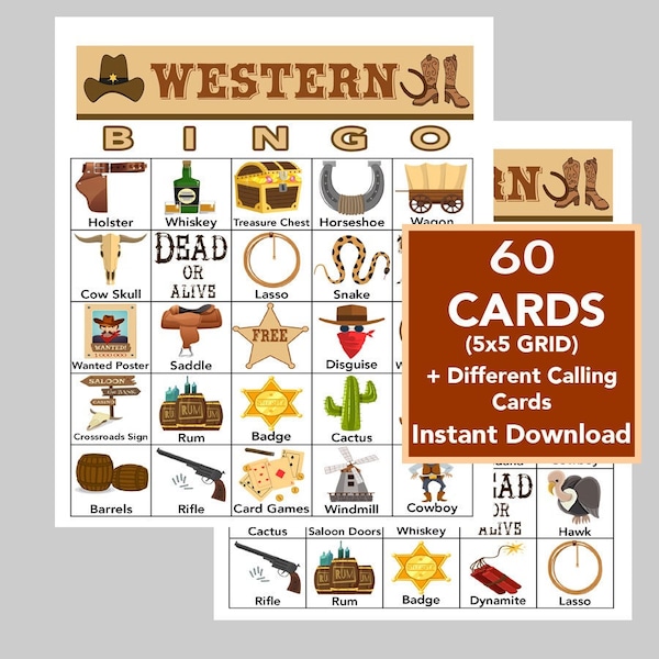 Wild West, Western,  5x5 Bingo printable PDFs, Instant Digital Download, Call List Included, 60 Unique Cards