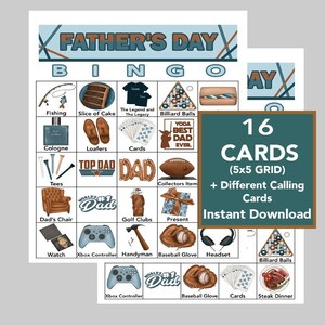 Vaderdag, vaderdagbingo, Vaderdagspellen, direct downloaden, bingospellen, afdrukbare spellen, 16 unieke kaarten